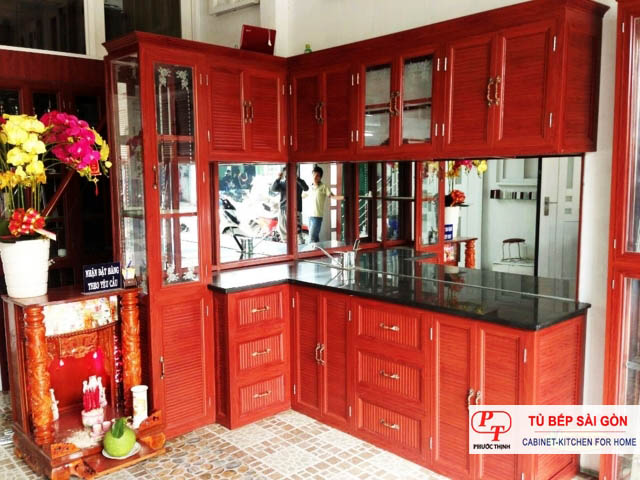 TỦ BẾP NHÔM KÍNH GIẢ GỖ TỦ BẾP NHÔM KÍNH GIẢ GỖ
